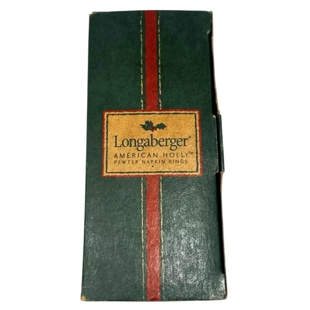 Longaberger American Holly Pewter Napkin Rings 2001 Original Box #75736-Set of 4